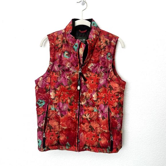 [Eddie Bauer] Pink Orange Floral Print Goose Down Filled Puffer Vest Sz Small S - Picture 1 of 9